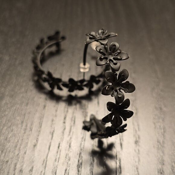 Matte Black Floral Design Hoop Earrings - Picture 1 of 9